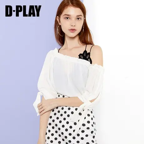 DPLAY德帕拉秋新品欧美白色一字肩抽褶中袖木耳边薄款小衫女商品大图