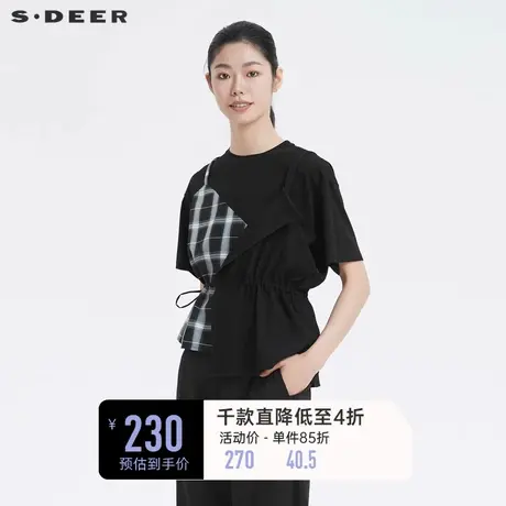 sdeer圣迪奥T恤夏装设计感格纹拼接收腰黑色短袖上衣女S22260129图片