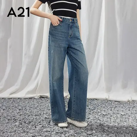 A21女装水洗磨破牛仔裤无弹长裤宽松阔腿裤商品大图