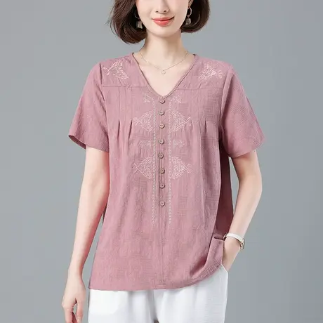 短袖t恤女夏季新款加大码女装宽松中老年妈妈纯棉文艺休闲V领体恤图片