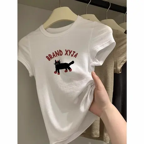 美式白色修身短袖t恤女正肩夏季设计感小众紧身显瘦掐腰韩系上衣商品大图