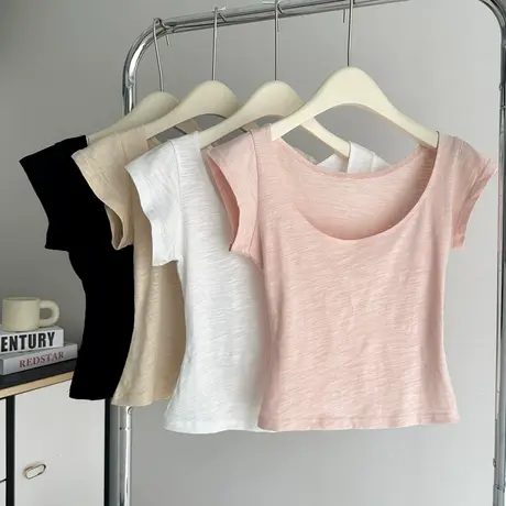 大领口U领竹节棉短袖T恤女夏季修身短款半袖韩系打底衫正肩上衣服商品大图