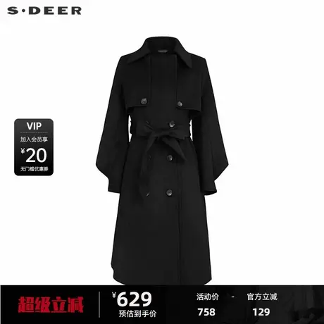 sdeer圣迪奥女装翻领双排扣收腰毛呢长款大衣S233Z2515图片
