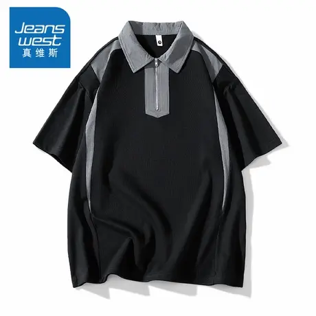 N5真维斯短袖T恤男2025夏季新款翻领拉链拼接男士宽松男装上衣服图片