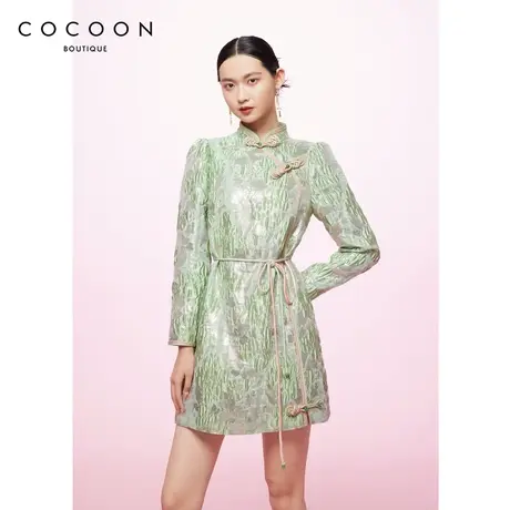 COCOON商场同款时尚连衣裙2023春季新款双色盘扣青提绿旗袍连衣裙商品大图