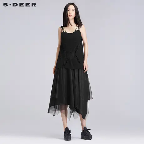 【🌑新品】🌒sdeer圣迪奥女装纯色优雅镂空蓬松连衣裙S16281261商品大图