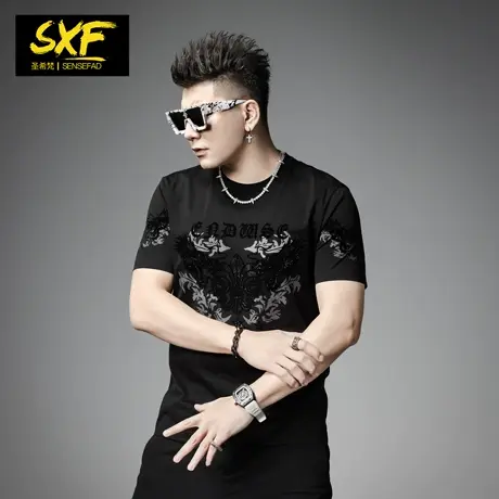 SXF圣希梵短袖t恤男 2024新款夏季国潮男装体恤印花烫钻男士上衣商品大图