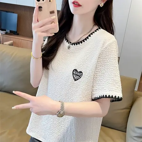 设计感小众小个子短袖t恤女夏季韩版宽松大码女装撞色正肩上衣服图片