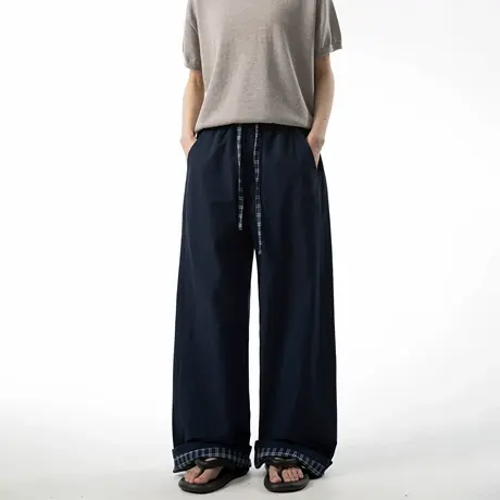 直筒格纹抽绳运动阔腿裤女2025夏季新款高街百搭宽松休闲拖地长裤商品大图