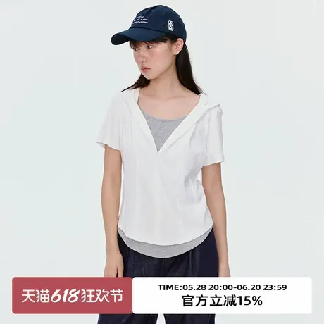 omont蛋挞家复古假两件连帽短袖T恤女2025夏季设计感修身显瘦上衣商品大图