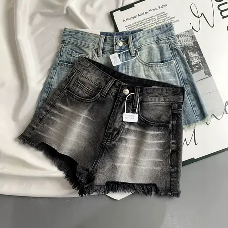韩版毛边高腰牛仔短裤女2025年春季新款时尚百搭阔腿a字热裤子潮商品大图