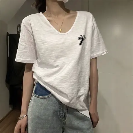 超火大码正肩v领白色短袖t恤女2025年新款百搭减龄上衣ins潮薄款商品大图