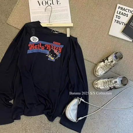 韩国东大门夏季新款时尚趣味斜肩长袖T恤女慵懒防晒衫罩衫上衣ins商品大图