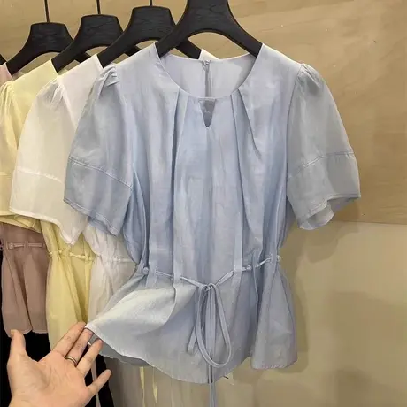 系带收腰小V领设计短袖衬衫女夏季新款韩系甜美小衫时尚白色上衣商品大图