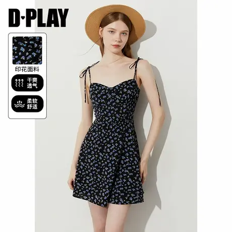 DPLAY【度假系列】2025年夏季新款黑色印花复古气质吊带连衣裙女图片