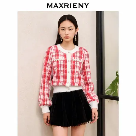 【奥莱】MAXRIENY精致复古氛围感珍珠链条针织外套冬季修身上衣女商品大图