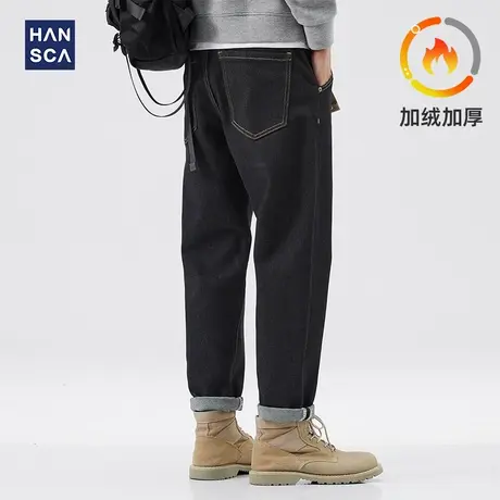 hansca加绒牛仔裤男冬季黑色直筒宽松加厚保暖复古潮流休闲长裤子商品大图
