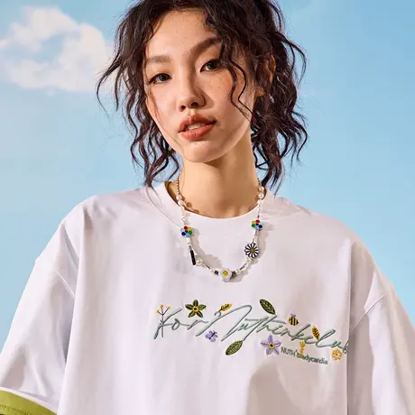 Nuthink刺绣字母花卉短袖T恤美式复古潮牌宽松薄款男女2025夏新款图片