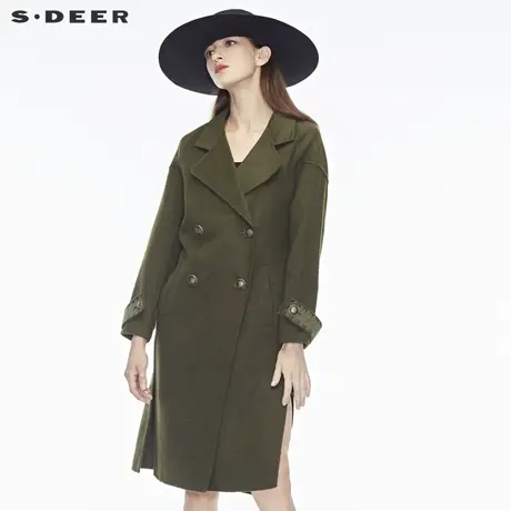 sdeer圣迪奥2018秋冬新款刺绣开衩直筒中长款双面呢大衣S18481871图片