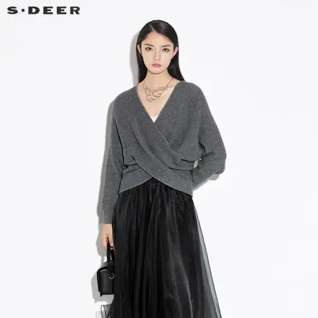 sdeer圣迪奥女装春秋装休闲V领堆叠不规则长袖针织衫S21383526图片