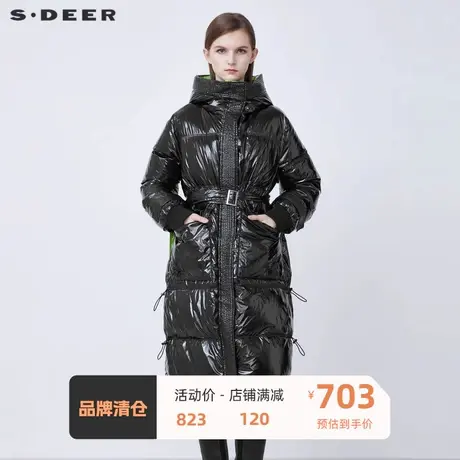 sdeer圣迪奥女装高领连帽收腰抽绳亮面长款羽绒服S21482427图片