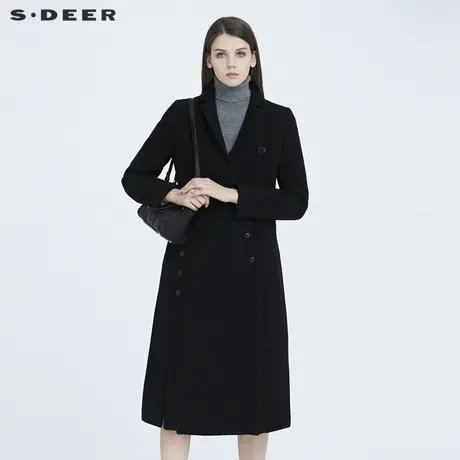 sdeer圣迪奥休闲平驳领解构拼接黑色长款毛呢大衣S194A1804图片