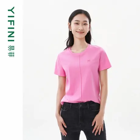 [专柜同款]Yifini/易菲宽松短款时尚针织T恤绣花上衣百搭通勤体恤图片