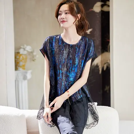 宝诗黎蕾丝拼接蝙蝠袖T恤2025夏季气质设计感假两件休闲上衣女装图片