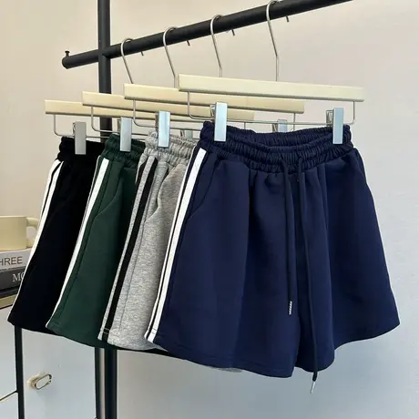 夏季2025新款运动休闲短裤女韩版松紧高腰居家外穿阔腿沙滩热裤潮商品大图