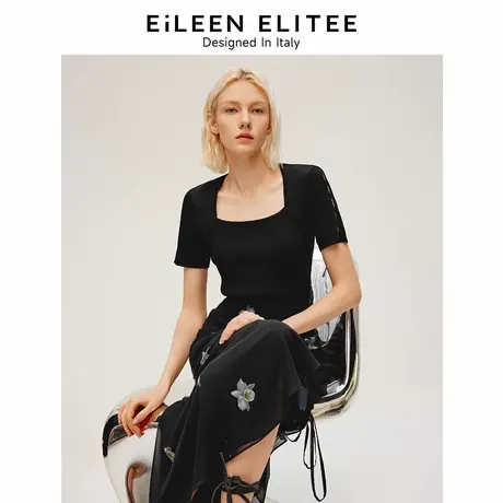 【意大利设计】朗姿法式气质方领毛针织衫短袖夏季上衣2024季新款商品大图