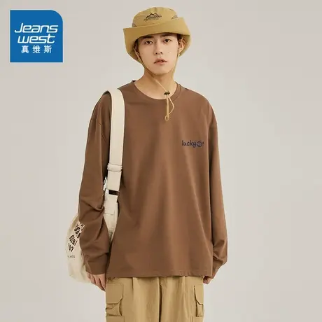 JR真维斯男装220G纯棉长袖T恤 2025春季新款男生圆领印花套头上衣商品大图