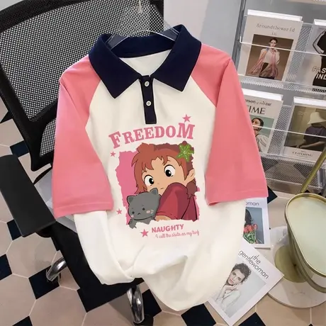 日系插肩袖T恤女夏胖mm显瘦翻领设计感ins潮大码宽松Polo短袖上衣图片