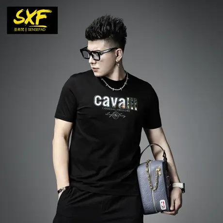 SXF圣希梵2024夏季新款男士短袖 潮牌印花字母烫钻上衣圆领T恤男图片
