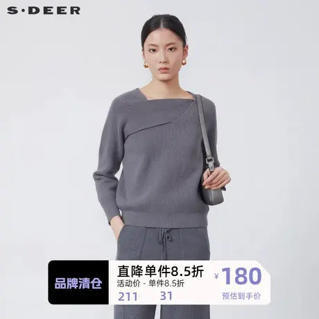 S·🎳DEER圣迪奥女装秋季新款不规则领拼接长袖针织衫S223Z35B7商品大图