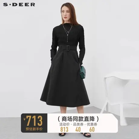 sdeer圣迪奥秋装女装一字领收腰吊带两件套长袖连衣裙S221Z1208👒商品大图