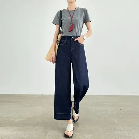 莱赛尔天丝棉牛仔裤女夏季薄款宽松大码明线小个子九分直筒阔腿裤商品大图
