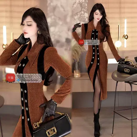 VJE冬季撞色拼接夹棉修身大衣新款气质干练过膝中长款外套图片