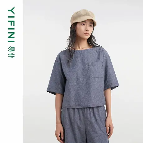 [专柜同款]Yifini/易菲木棉气质一字领文艺宽松短款套头衫25夏新图片