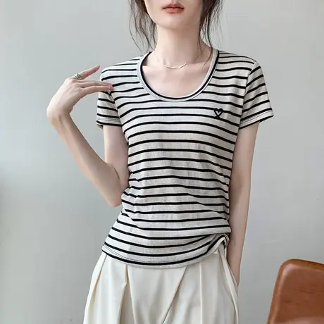 爱心刺绣圆领撞色条纹短袖T恤女2025春季新款修身上衣内搭打底衫图片