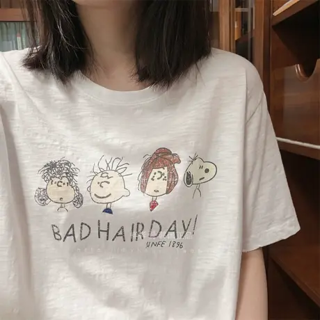 韩国东大门夏季可爱卡通做旧印花竹节棉短袖T恤女百搭宽松上衣服商品大图