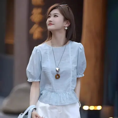 高级感圆领蕾丝花边短袖衬衫女2025夏季新款时尚气质小衫显瘦上衣商品大图