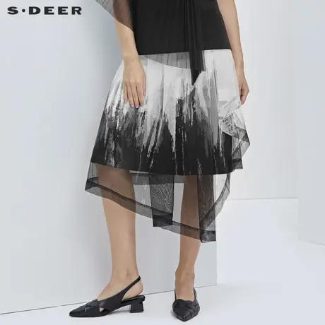 sdeer圣迪奥女装夏季网纱半身裙晕染拼接不规则长裙女S21281108商品大图