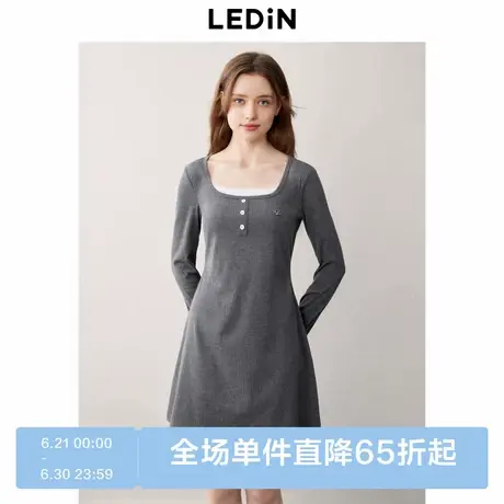 乐町假两件针织连衣裙秋季新款格雷系显瘦收腰长袖连衣裙商品大图