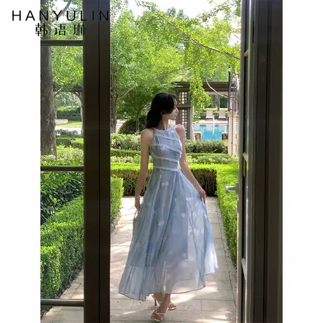 韩语琳 7/08 法式气质蓝花色立体装饰蕾丝收腰连衣裙2025夏季新款商品大图