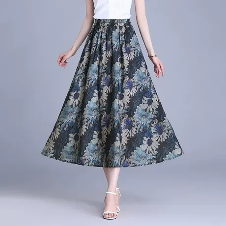 松紧腰棉麻印花半身裙女夏季2025新款遮肉垂感显瘦a字裙中长裙子商品大图