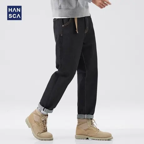 hansca弹力直筒牛仔裤男2024秋冬季美式原色简约水洗宽松百搭长裤商品大图
