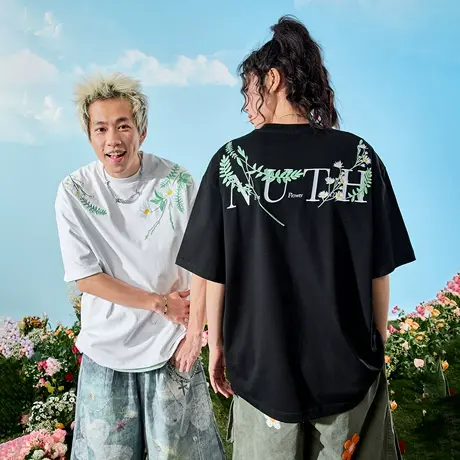 Nuthink美式复古花卉环形刺绣短袖T恤纯棉宽松男女情侣2025夏新款图片