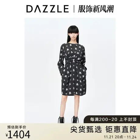 DAZZLE地素奥莱23春季新款黑色复古法式名媛真丝蚕丝印花连衣裙图片