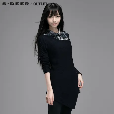 s.deer圣迪奥女装假两件套三角摆格纹针织衫图片