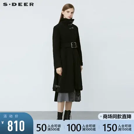 sdeer圣迪奥2021冬新品高领收腰仿羊羔绒黑色长款大衣女S21481816图片